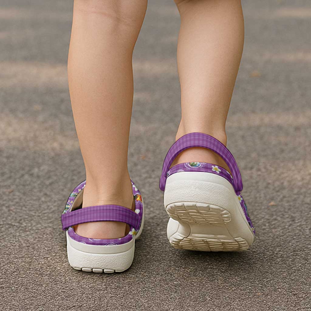 Hawaiian Island Shapes-Iconic Landscape Clogs Shoes with Plumeria and Palaka Purple Color