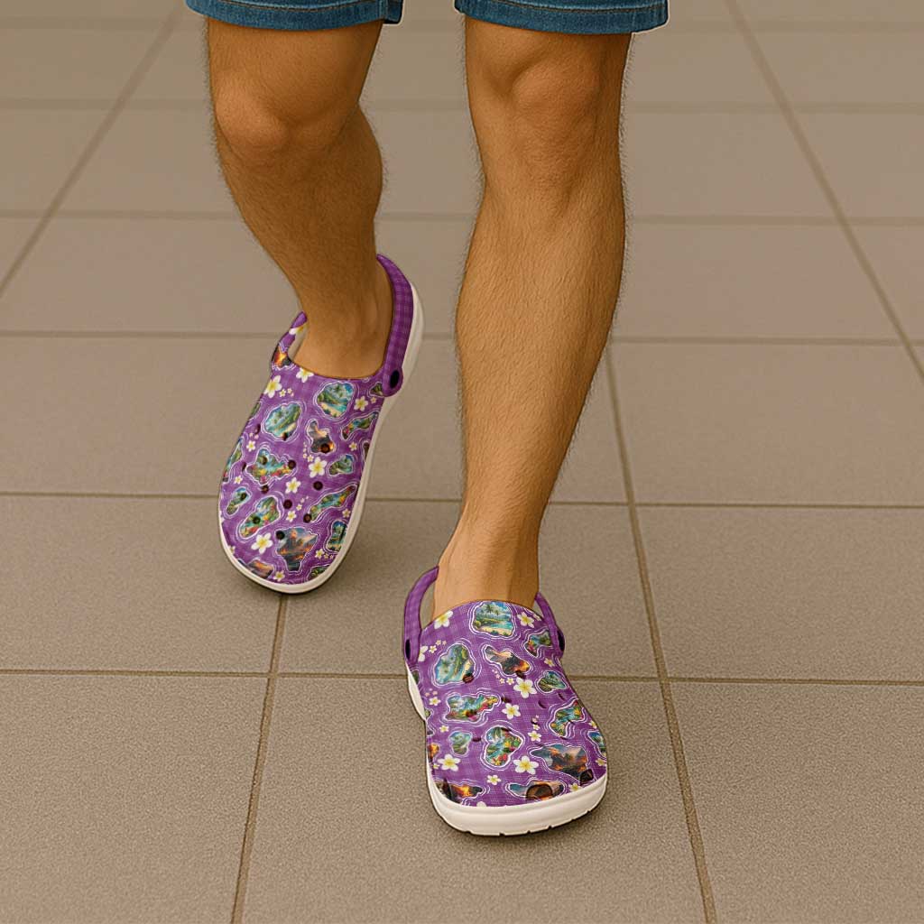 Hawaiian Island Shapes-Iconic Landscape Clogs Shoes with Plumeria and Palaka Purple Color