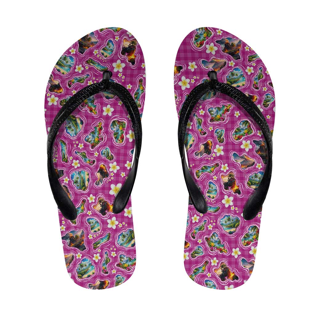 Hawaiian Island Shapes-Iconic Landscape Flip Flops with Plumeria and Palaka Pink Color