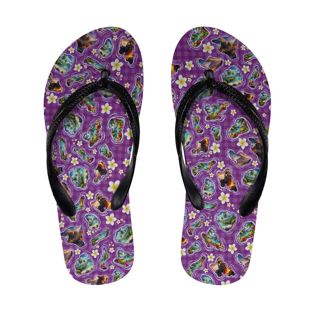 Hawaiian Island Shapes-Iconic Landscape Flip Flops with Plumeria and Palaka Purple Color