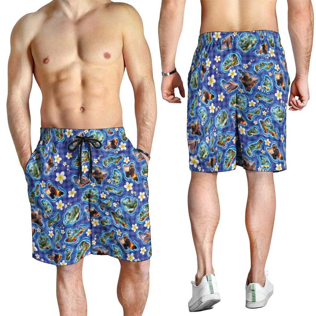 Hawaiian Island Shapes-Iconic Landscape Shorts for Men with Plumeria and Palaka Blue Color