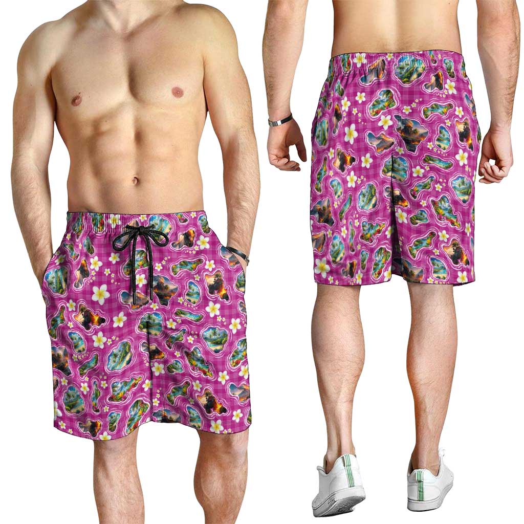 Hawaiian Island Shapes-Iconic Landscape Shorts for Men with Plumeria and Palaka Pink Color