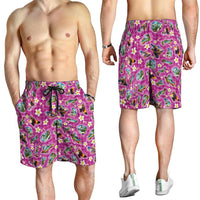 Hawaiian Island Shapes-Iconic Landscape Shorts for Men with Plumeria and Palaka Pink Color