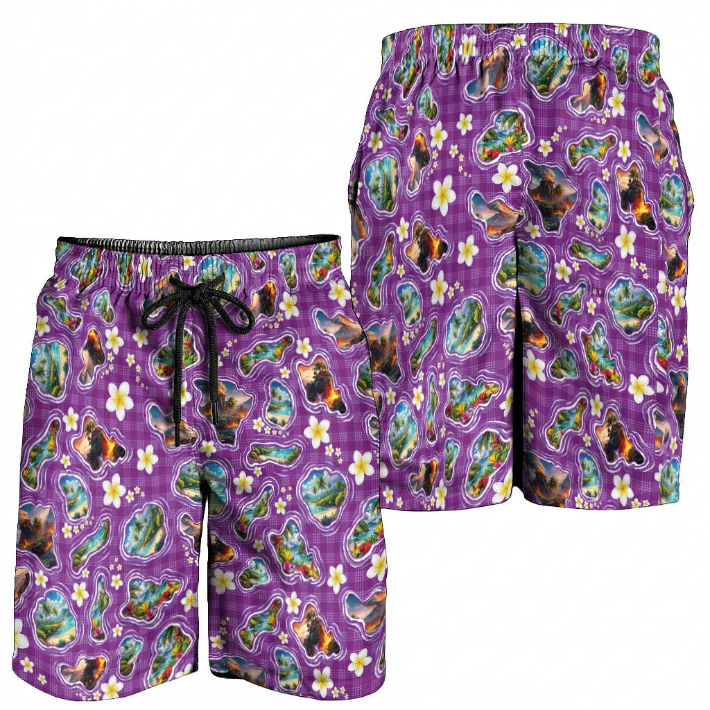 Hawaiian Island Shapes-Iconic Landscape Shorts for Men with Plumeria and Palaka Purple Color