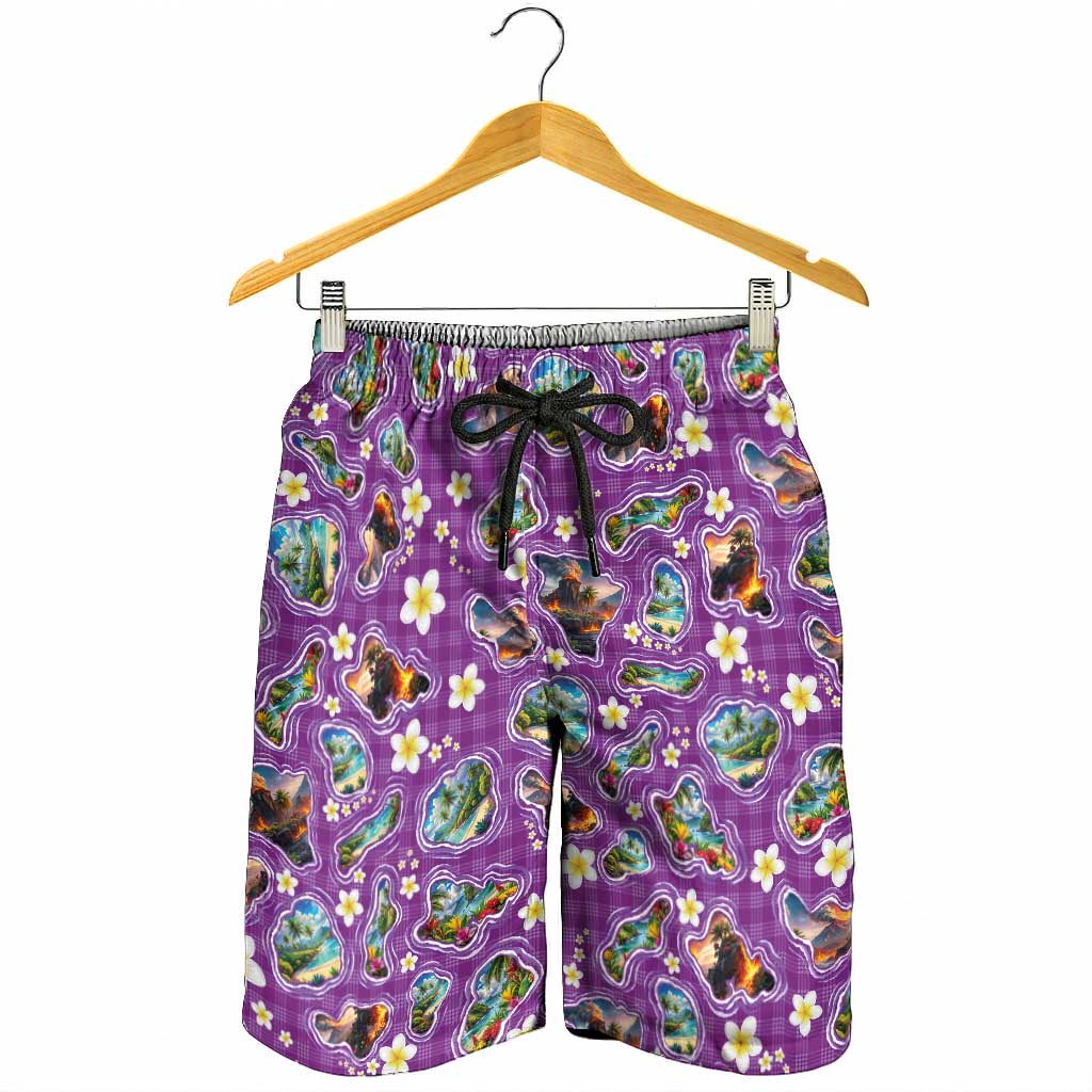 Hawaiian Island Shapes-Iconic Landscape Shorts for Men with Plumeria and Palaka Purple Color
