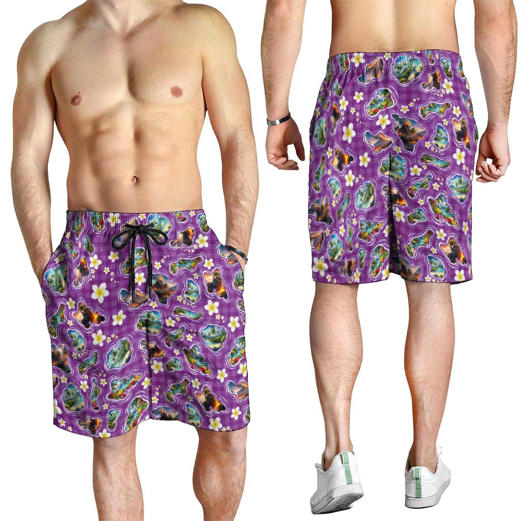 Hawaiian Island Shapes-Iconic Landscape Shorts for Men with Plumeria and Palaka Purple Color