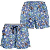 Hawaiian Island Shapes-Iconic Landscape Shorts for Women with Plumeria and Palaka Blue Color