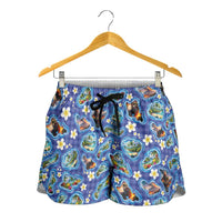 Hawaiian Island Shapes-Iconic Landscape Shorts for Women with Plumeria and Palaka Blue Color