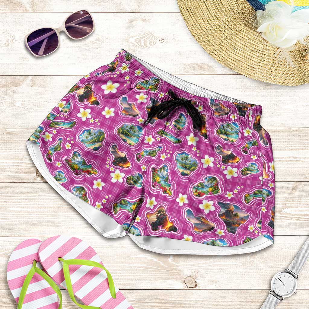 Hawaiian Island Shapes-Iconic Landscape Shorts for Women with Plumeria and Palaka Pink Color