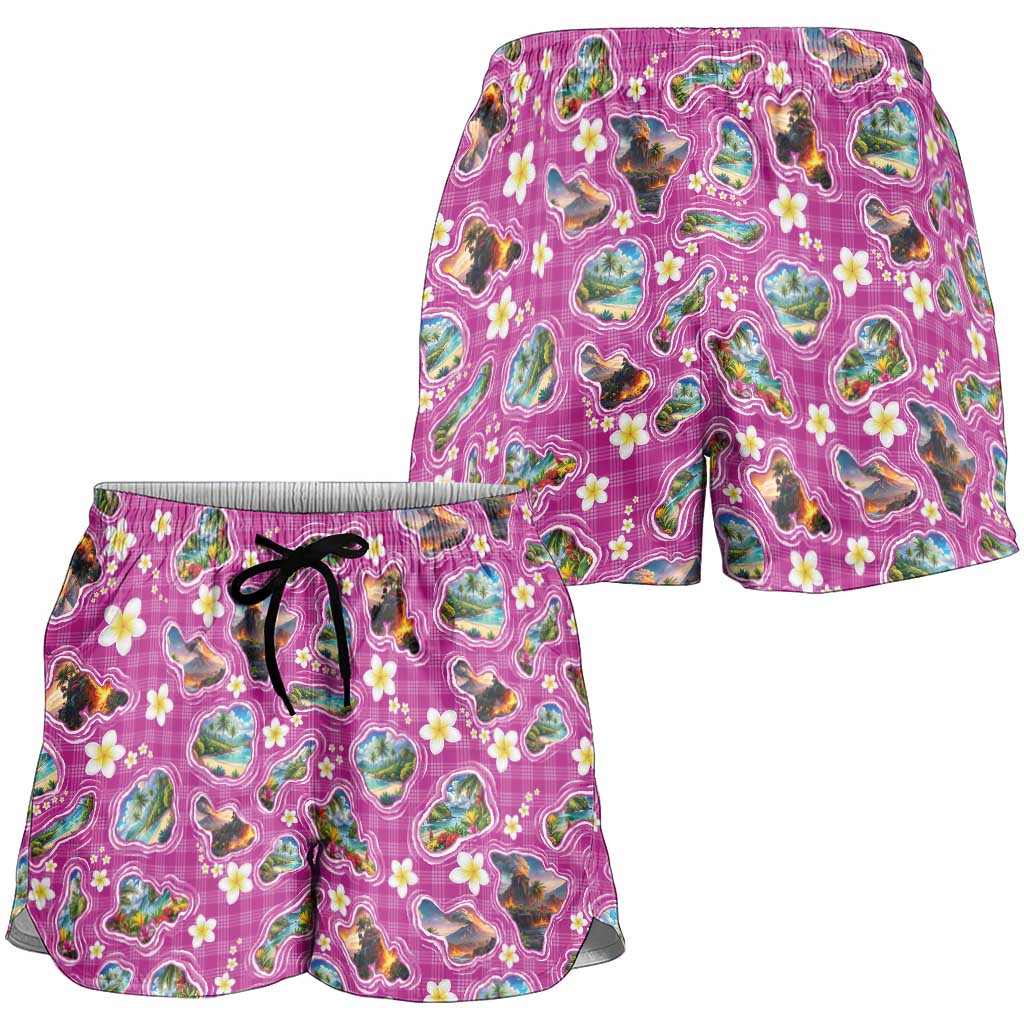 Hawaiian Island Shapes-Iconic Landscape Shorts for Women with Plumeria and Palaka Pink Color