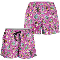 Hawaiian Island Shapes-Iconic Landscape Shorts for Women with Plumeria and Palaka Pink Color