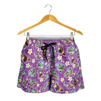 Hawaiian Island Shapes-Iconic Landscape Shorts for Women with Plumeria and Palaka Purple Color