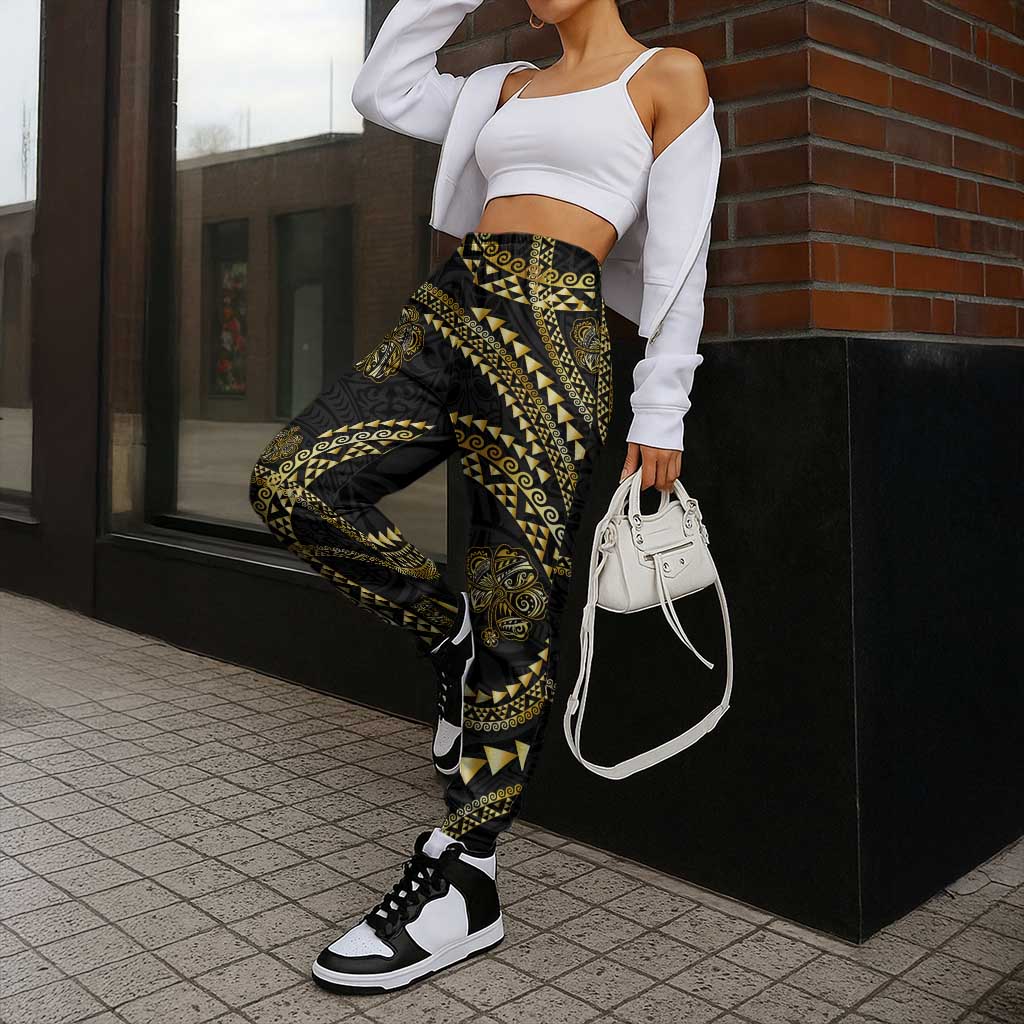 Hawaiian Kakau Art and Hisbiscus Tattoo Jogger Pants Tribal Pattern-Gold Style - Polynesian Pride