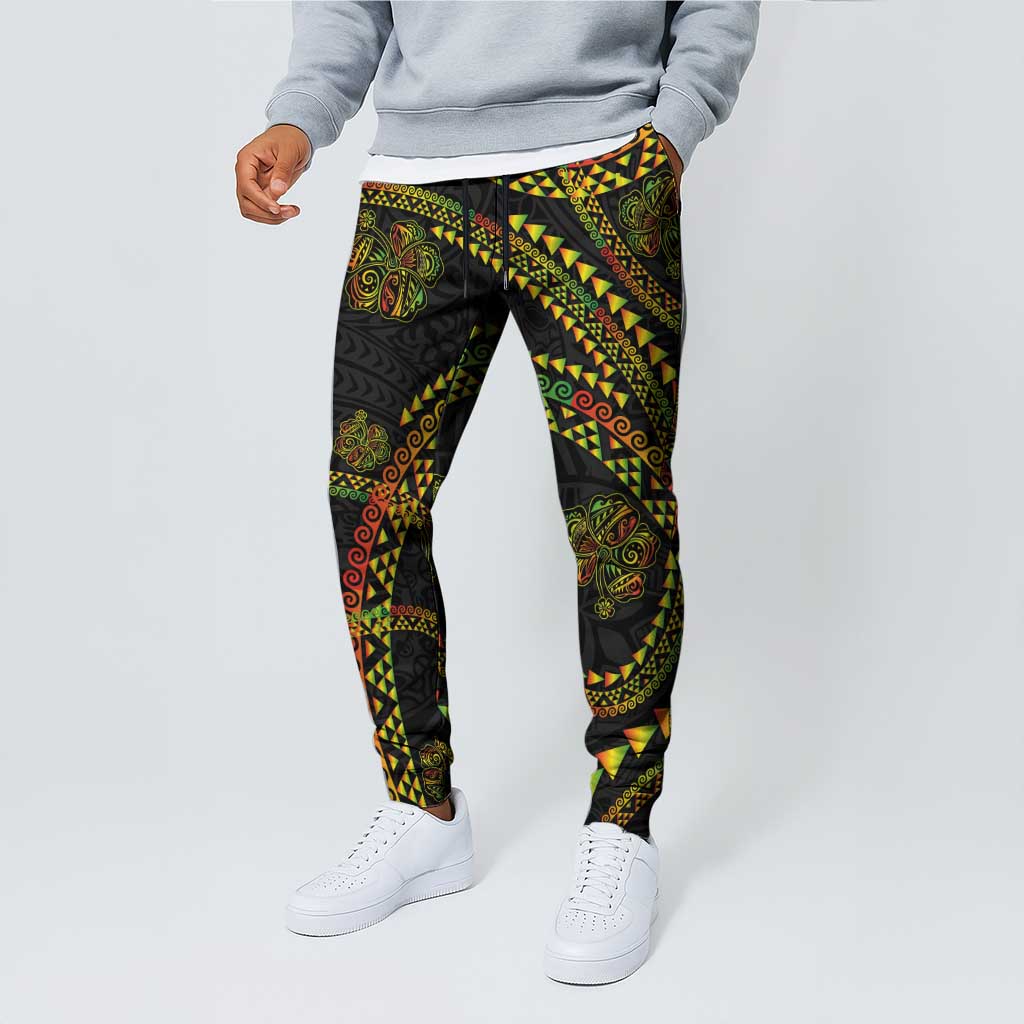 Hawaiian Kakau Art and Hisbiscus Tattoo Jogger Pants Tribal Pattern-Reggae Style - Polynesian Pride