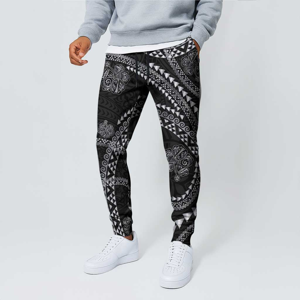 Hawaiian Kakau Art and Hisbiscus Tattoo Jogger Pants Tribal Pattern-Silver Style - Polynesian Pride