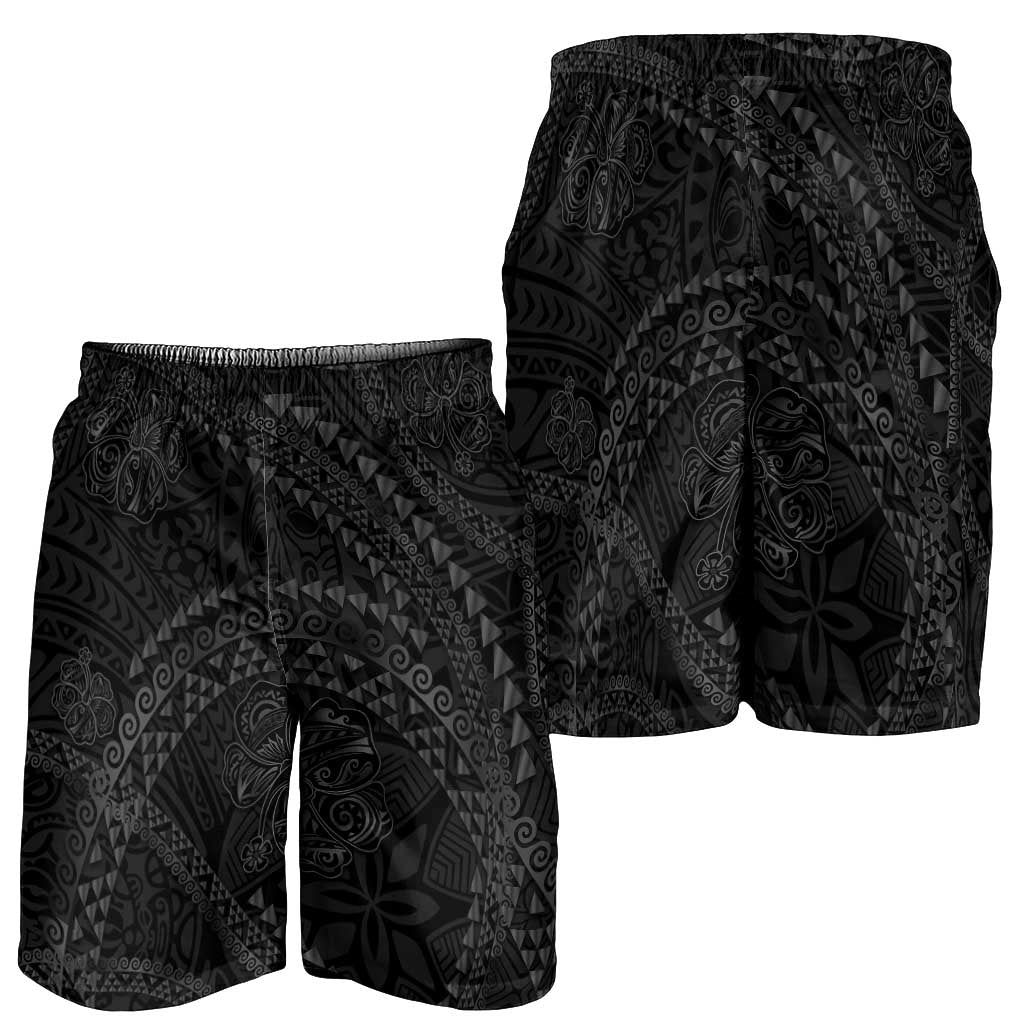 Hawaiian Kakau Art and Hisbiscus Tattoo Shorts for Men Tribal Pattern-Black Gradient Style - Polynesian Pride