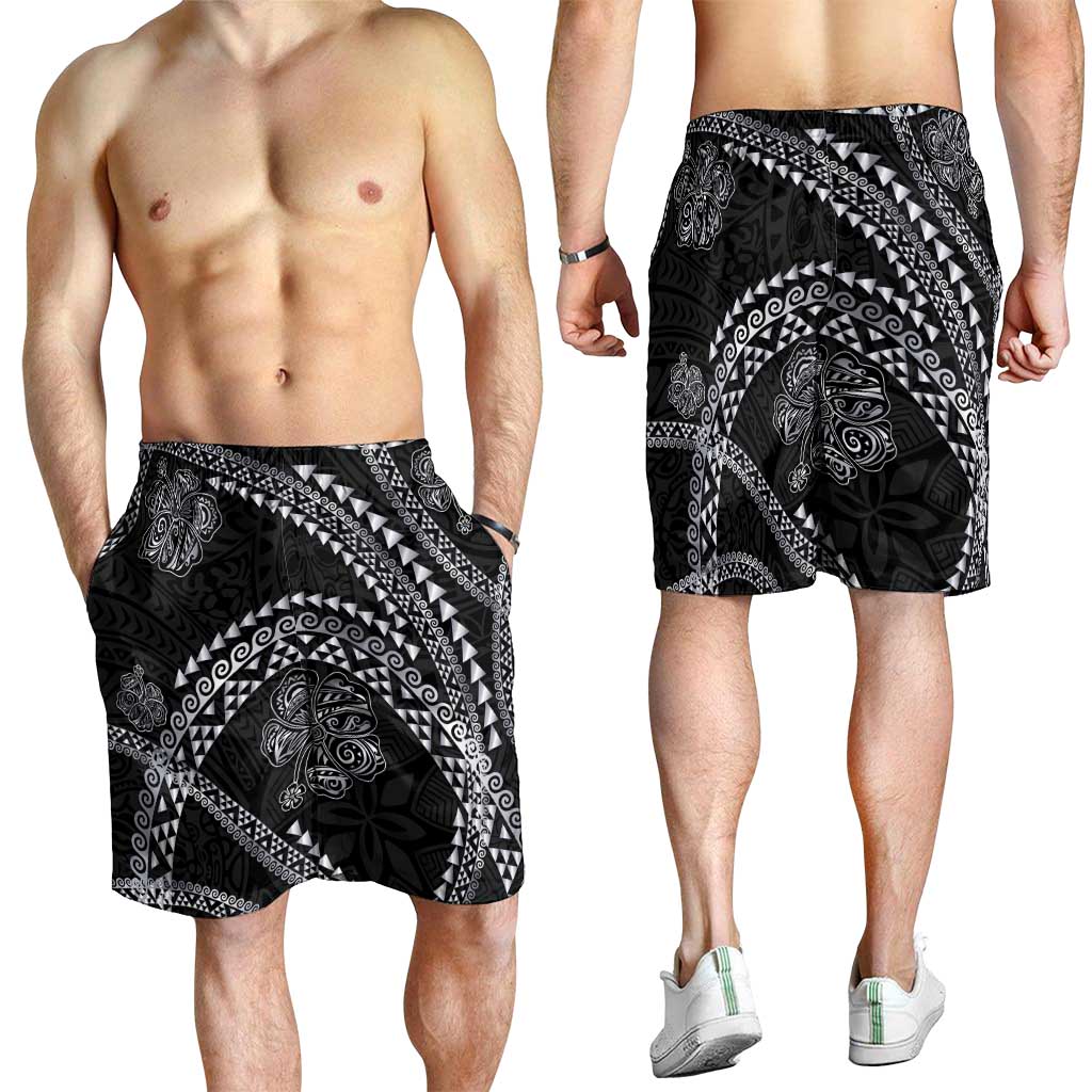 Hawaiian Kakau Art and Hisbiscus Tattoo Shorts for Men Tribal Pattern-Silver Style - Polynesian Pride