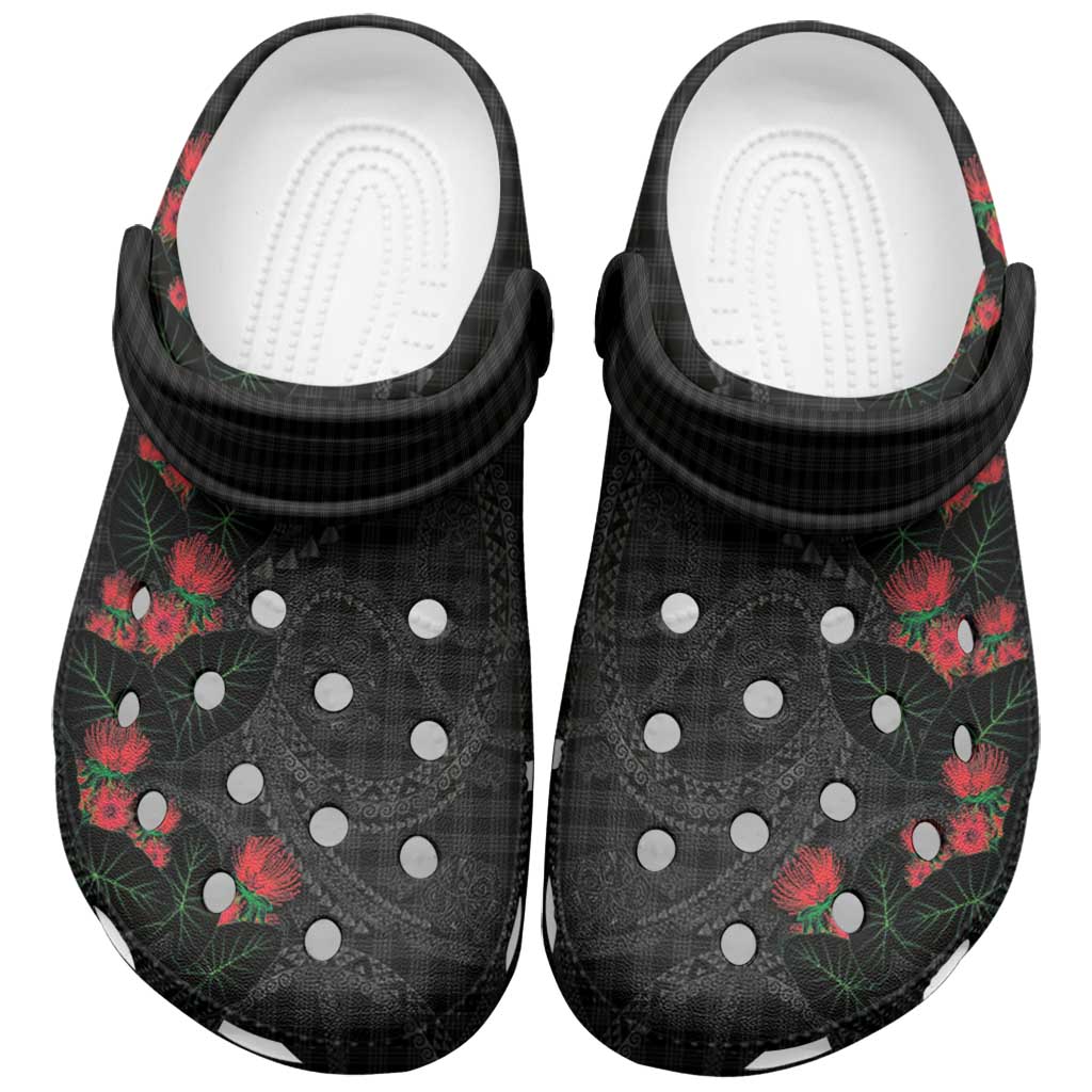 Hawaiian Kakau Art Clogs Shoes Taro Leaves with Ohia Lehua and Pakala Pattern - Polynesian Pride