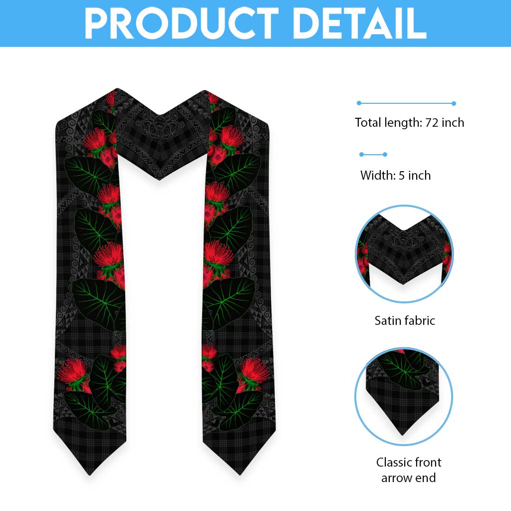 Hawaiian Kakau Art Graduation Stole Taro Leaves with Ohia Lehua and Pakala Pattern
