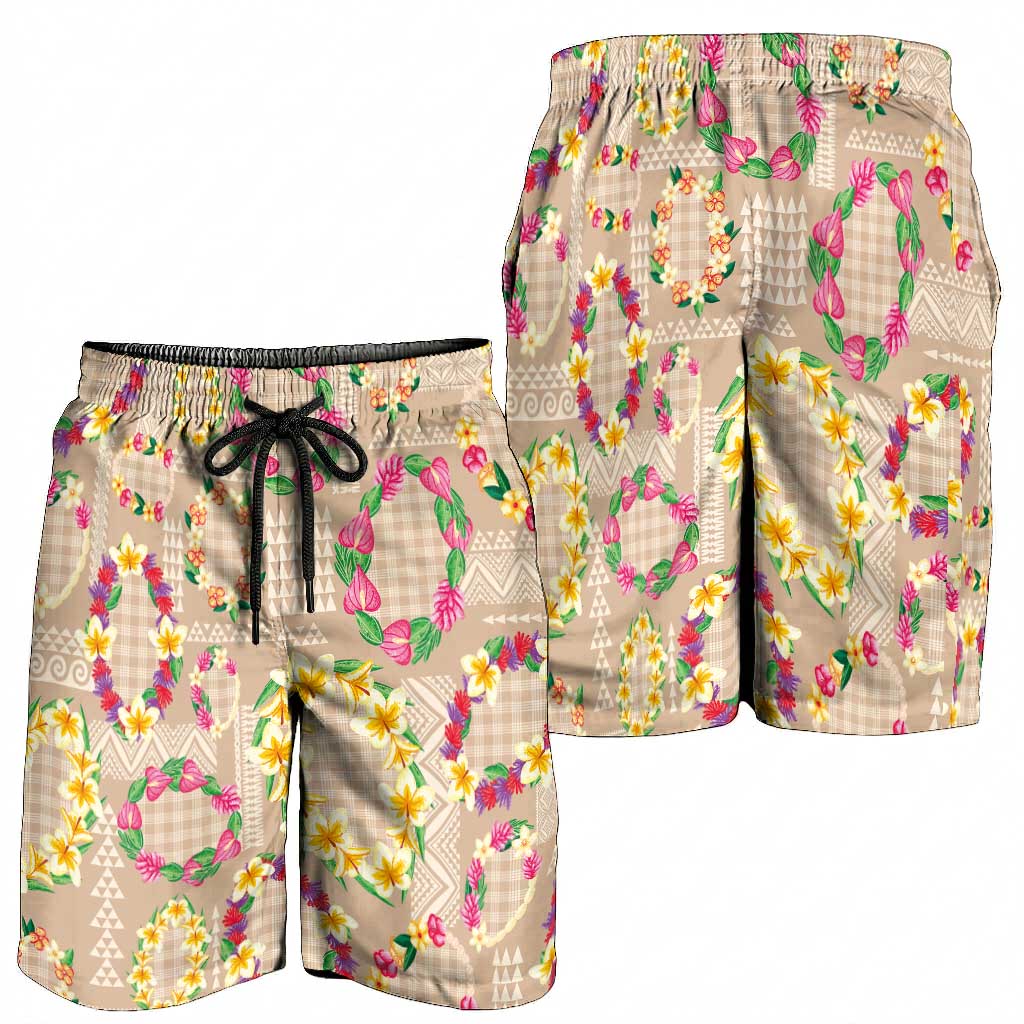 Hawaiian Kakau Tattoo Leis and Palaka Pattern Shorts for Men Traditional Aloha Tribal Beige Color