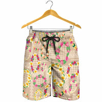 Hawaiian Kakau Tattoo Leis and Palaka Pattern Shorts for Men Traditional Aloha Tribal Beige Color