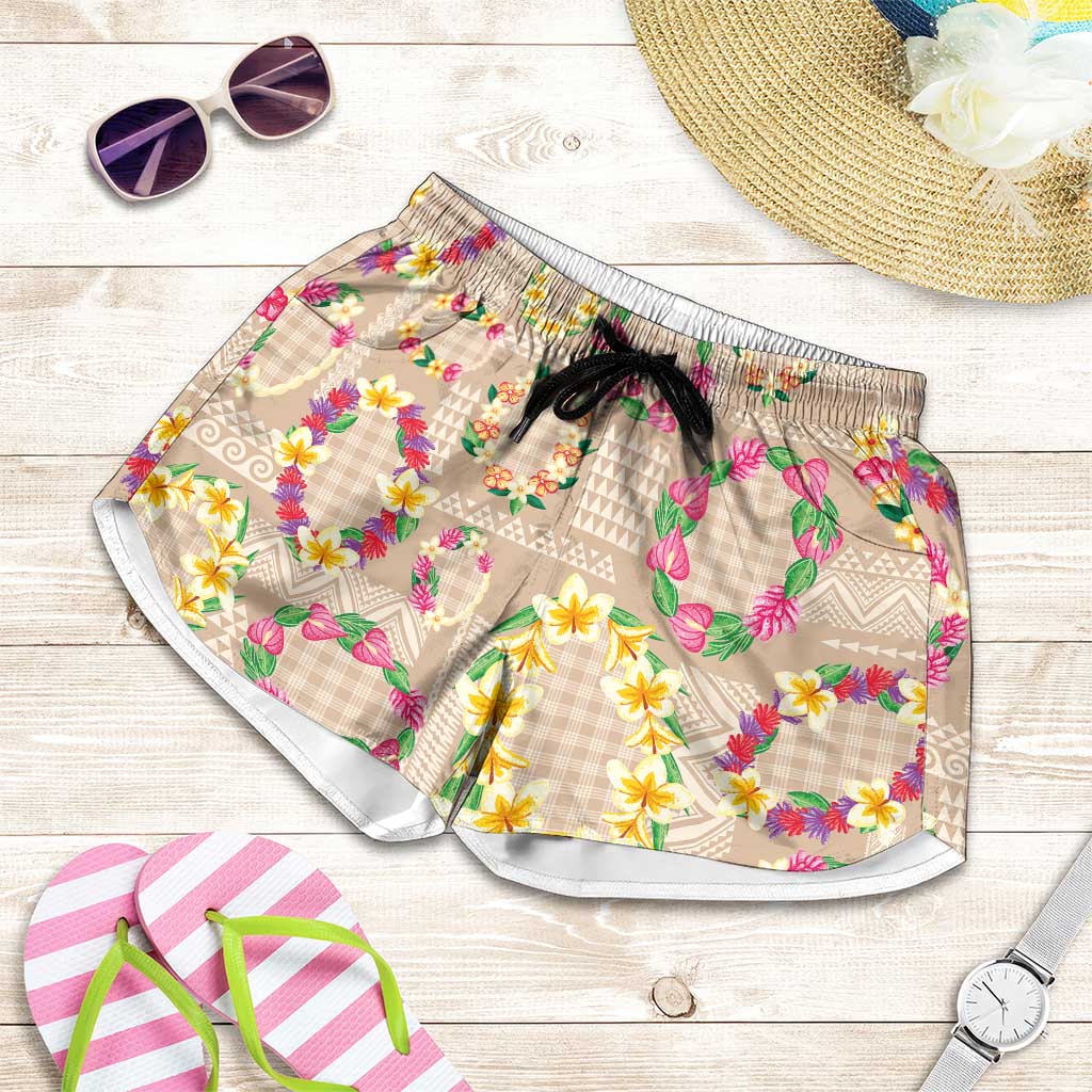 Hawaiian Kakau Tattoo Leis and Palaka Pattern Shorts for Women Traditional Aloha Tribal Beige Color