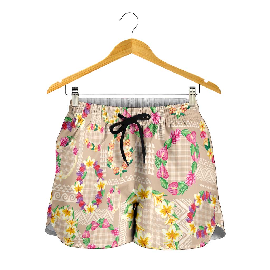Hawaiian Kakau Tattoo Leis and Palaka Pattern Shorts for Women Traditional Aloha Tribal Beige Color