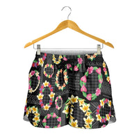 Hawaiian Kakau Tattoo Leis and Palaka Pattern Shorts for Women Traditional Aloha Tribal Black Color