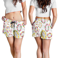 Hawaiian Kakau Tattoo Leis and Palaka Pattern Shorts for Women Traditional Aloha Tribal White Color