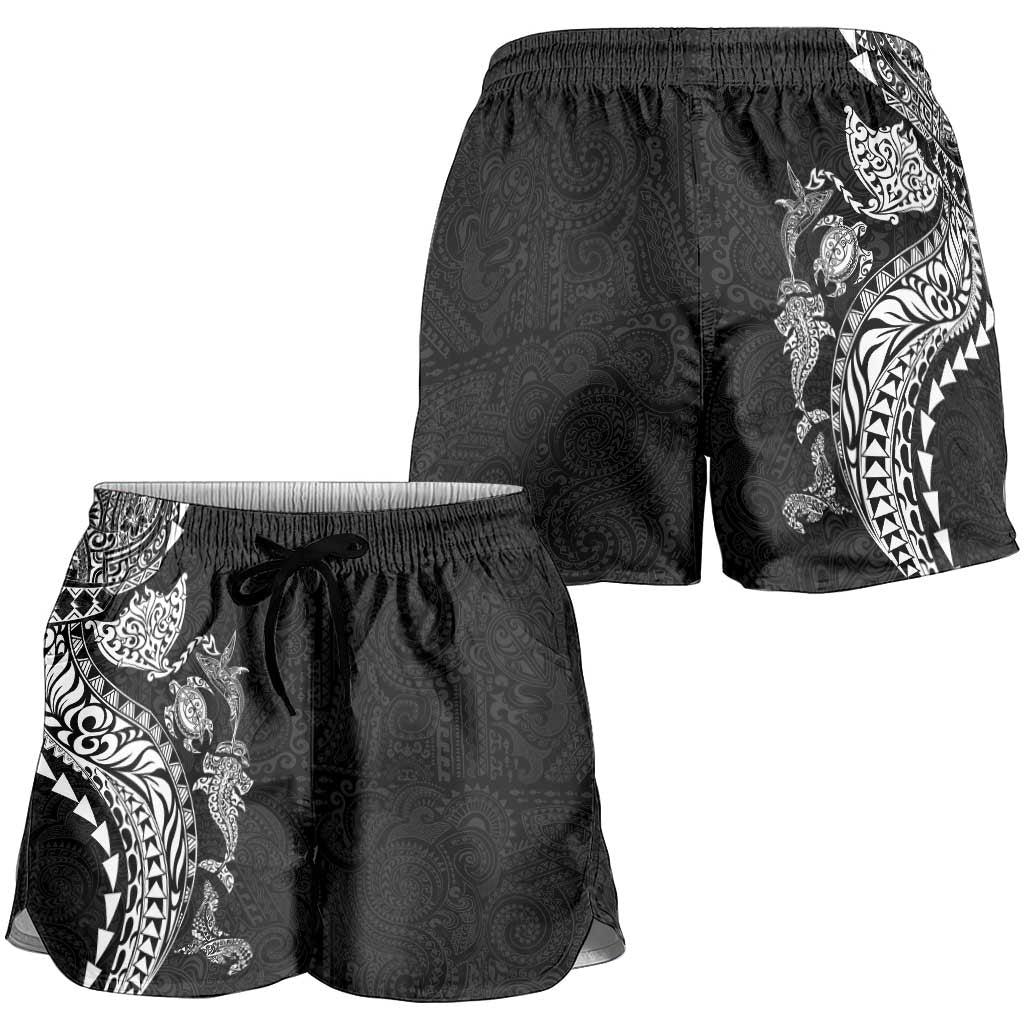 Hawaiian Kakau Tribal Sea Animals Tattoos Shorts for Women Black Color