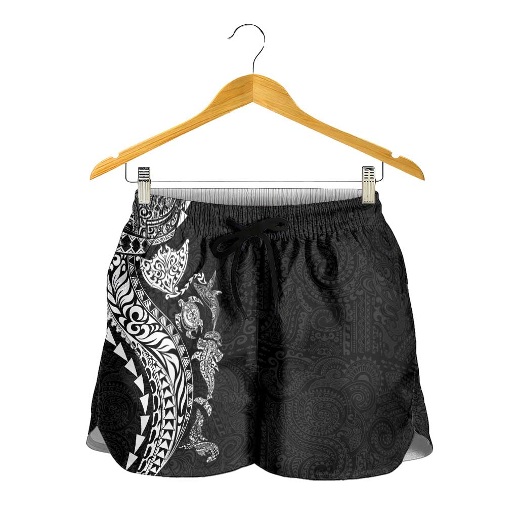 Hawaiian Kakau Tribal Sea Animals Tattoos Shorts for Women Black Color