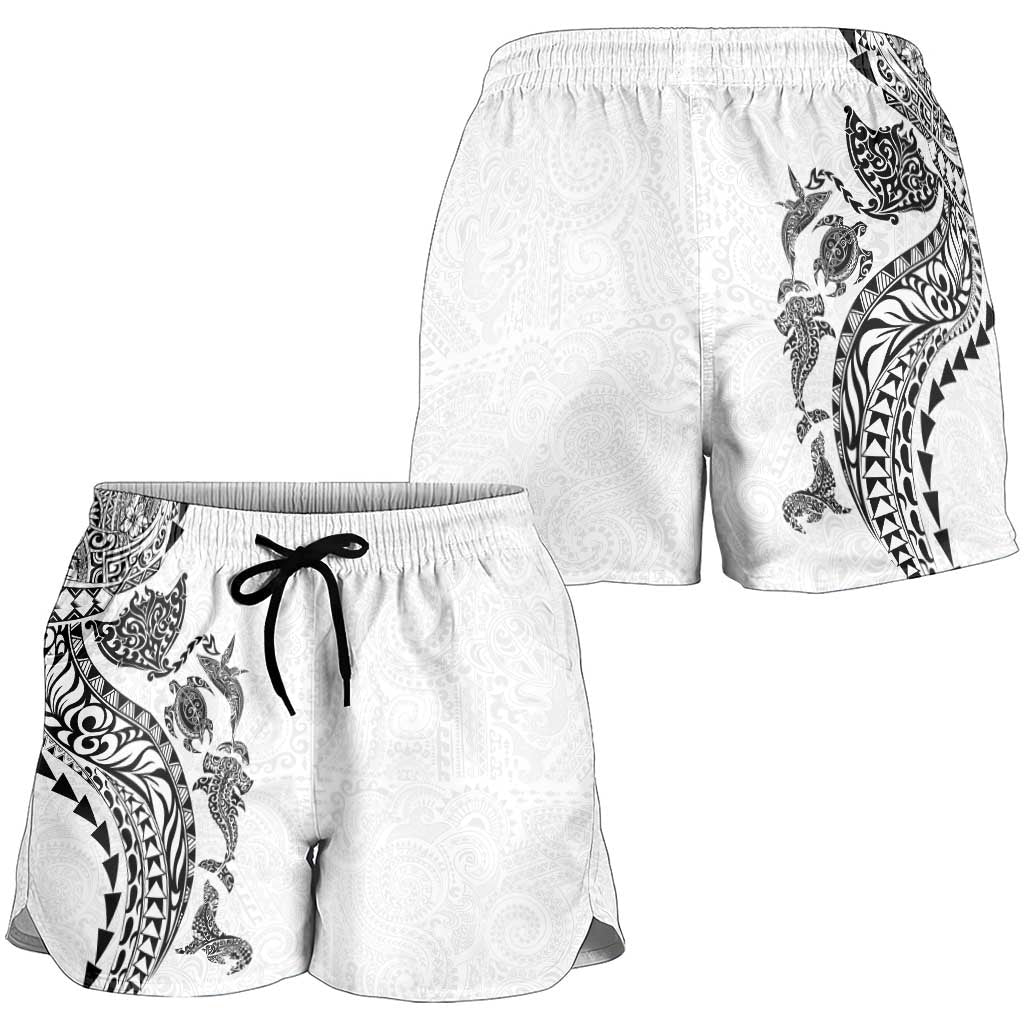 Hawaiian Kakau Tribal Sea Animals Tattoos Shorts for Women White Color