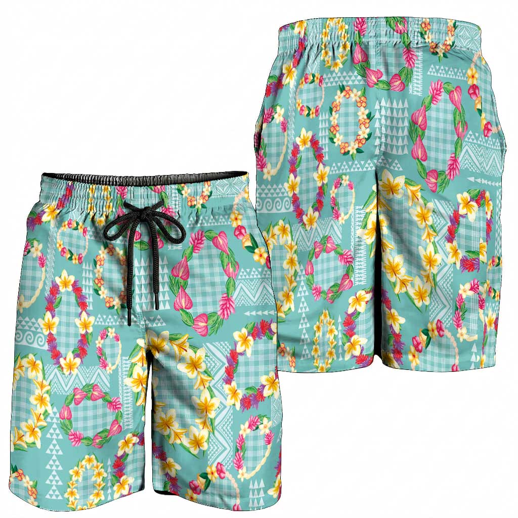 Hawaiian Leis Shorts for Men Kakau Tattoos and Palaka Pastel Teal Color