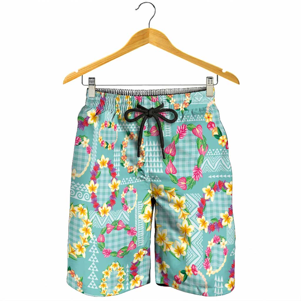 Hawaiian Leis Shorts for Men Kakau Tattoos and Palaka Pastel Teal Color