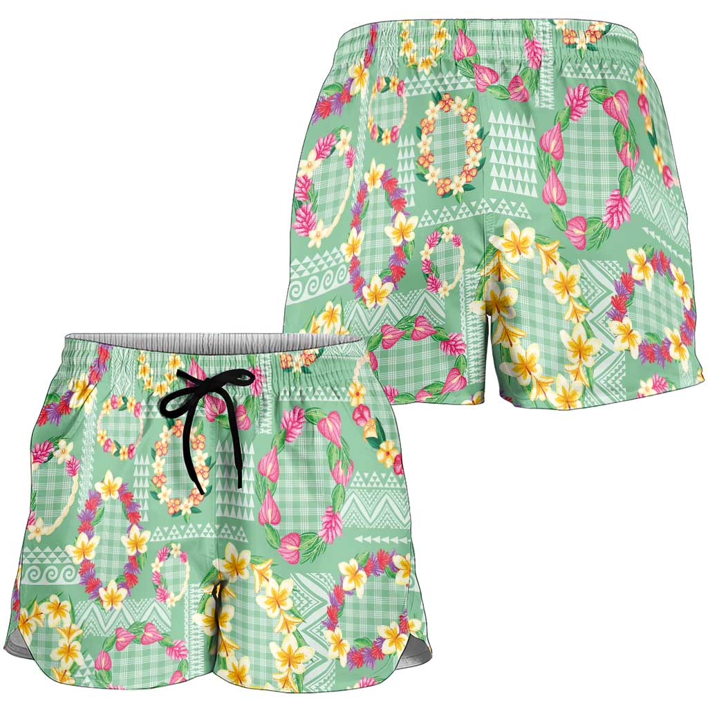 Hawaiian Leis Shorts for Women Kakau Tattoos and Palaka Pastel Green Color