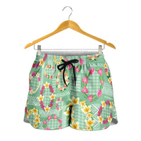 Hawaiian Leis Shorts for Women Kakau Tattoos and Palaka Pastel Green Color