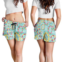 Hawaiian Leis Shorts for Women Kakau Tattoos and Palaka Pastel Teal Color