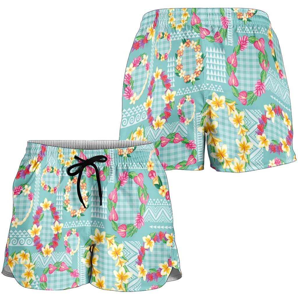 Hawaiian Leis Shorts for Women Kakau Tattoos and Palaka Pastel Teal Color