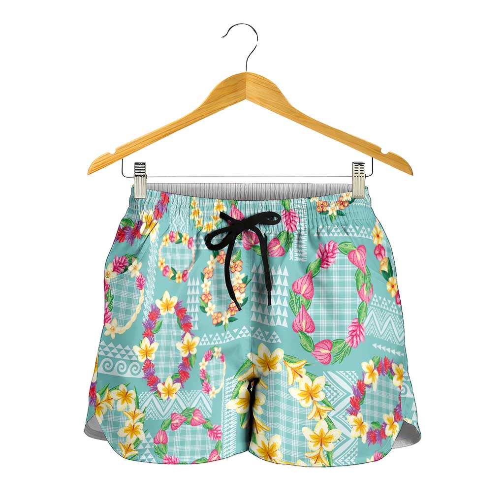 Hawaiian Leis Shorts for Women Kakau Tattoos and Palaka Pastel Teal Color
