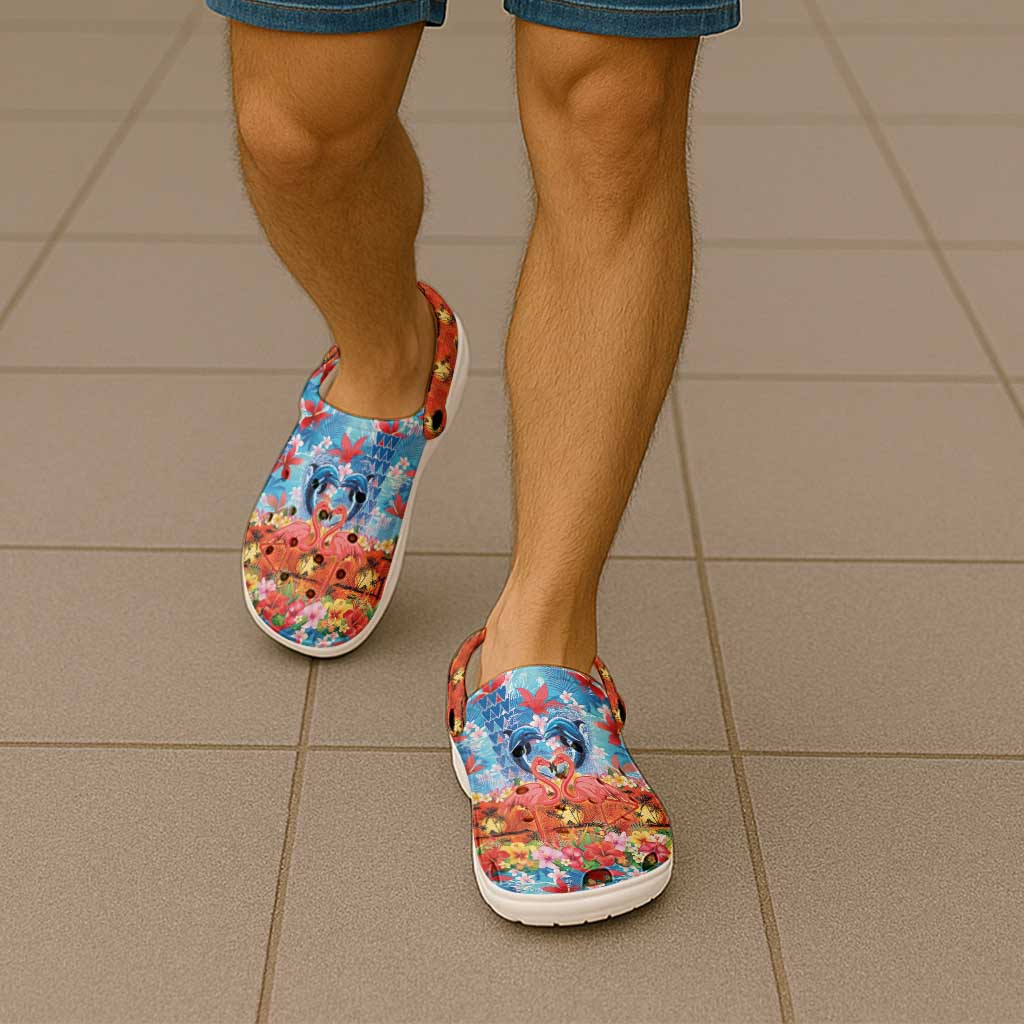 Hawaiian Love-Couple Dolphins and Flamingos Clogs Shoes LT03 - Polynesian Pride