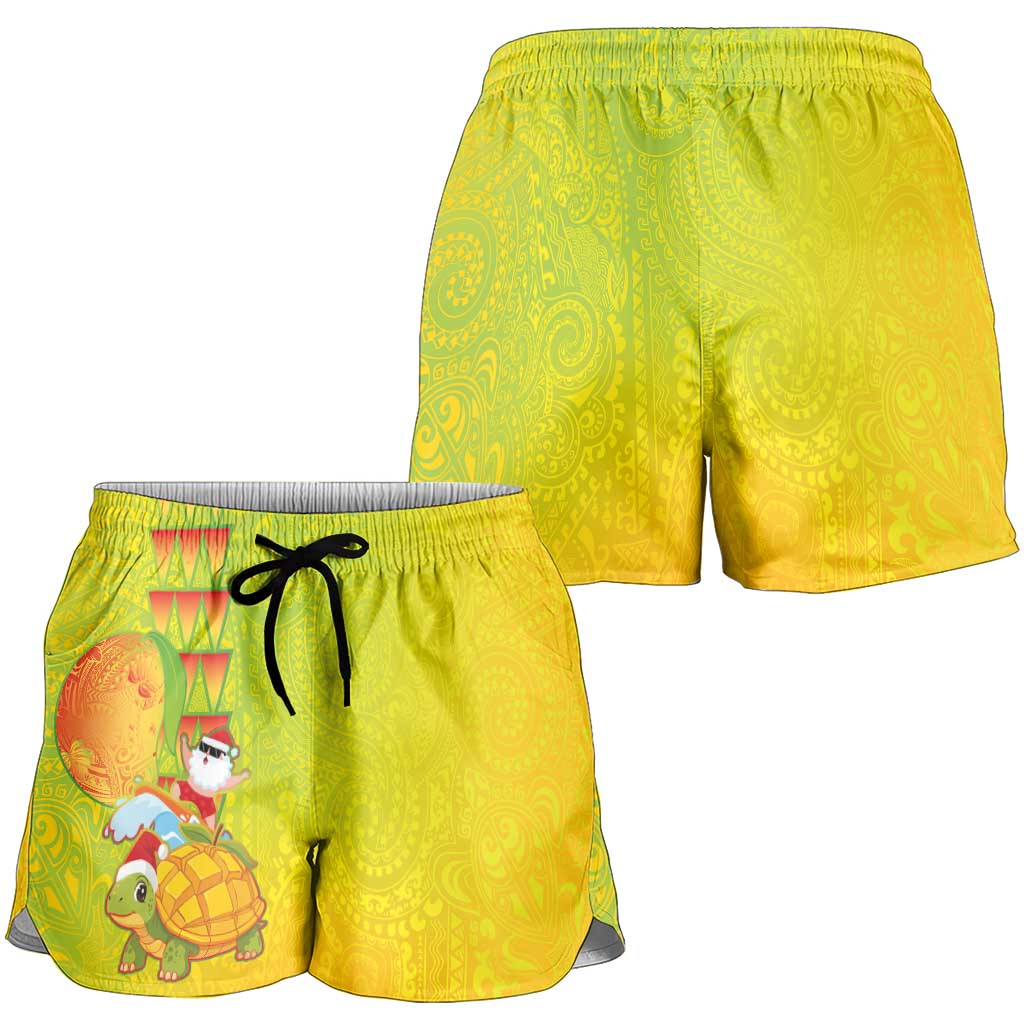 Hawaiian Mango Mele Kalikimaka Shorts for Women Santa Claus Surfing with Mango Christmas Turtle LT03 - Polynesian Pride