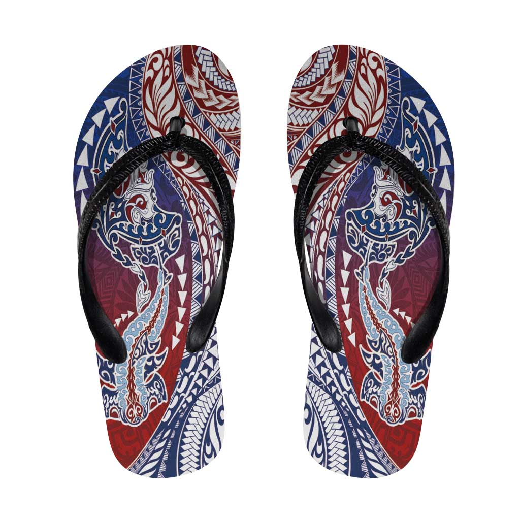 Hawaiian Manta Ray and Hammerhead Shark Tribal Tattoo Flip Flops with Polynesian Tribal Pattern Hawaii Flag Color LT03 Multicolor - Polynesian Pride