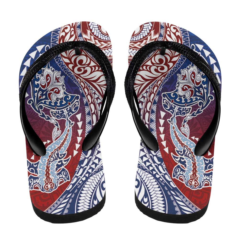 Hawaiian Manta Ray and Hammerhead Shark Tribal Tattoo Flip Flops with Polynesian Tribal Pattern Hawaii Flag Color LT03 - Polynesian Pride
