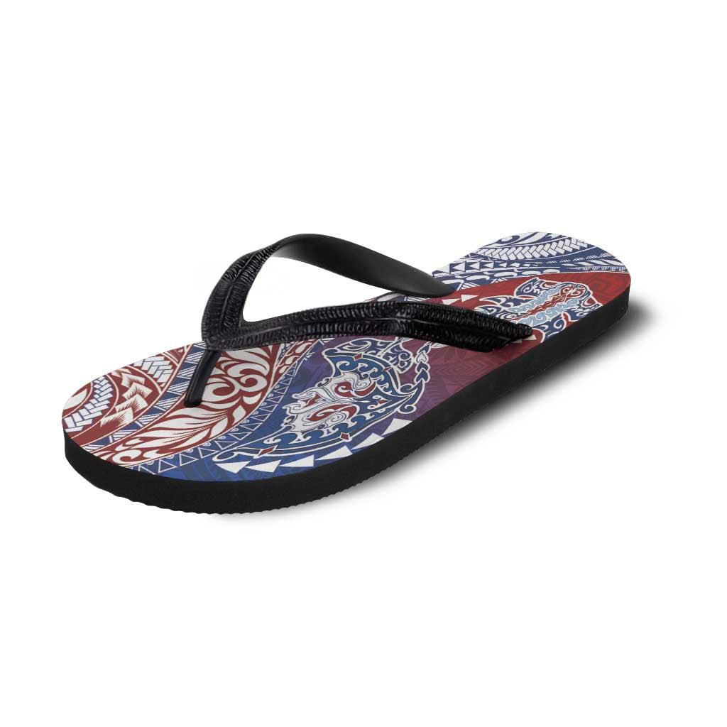 Hawaiian Manta Ray and Hammerhead Shark Tribal Tattoo Flip Flops with Polynesian Tribal Pattern Hawaii Flag Color LT03 - Polynesian Pride