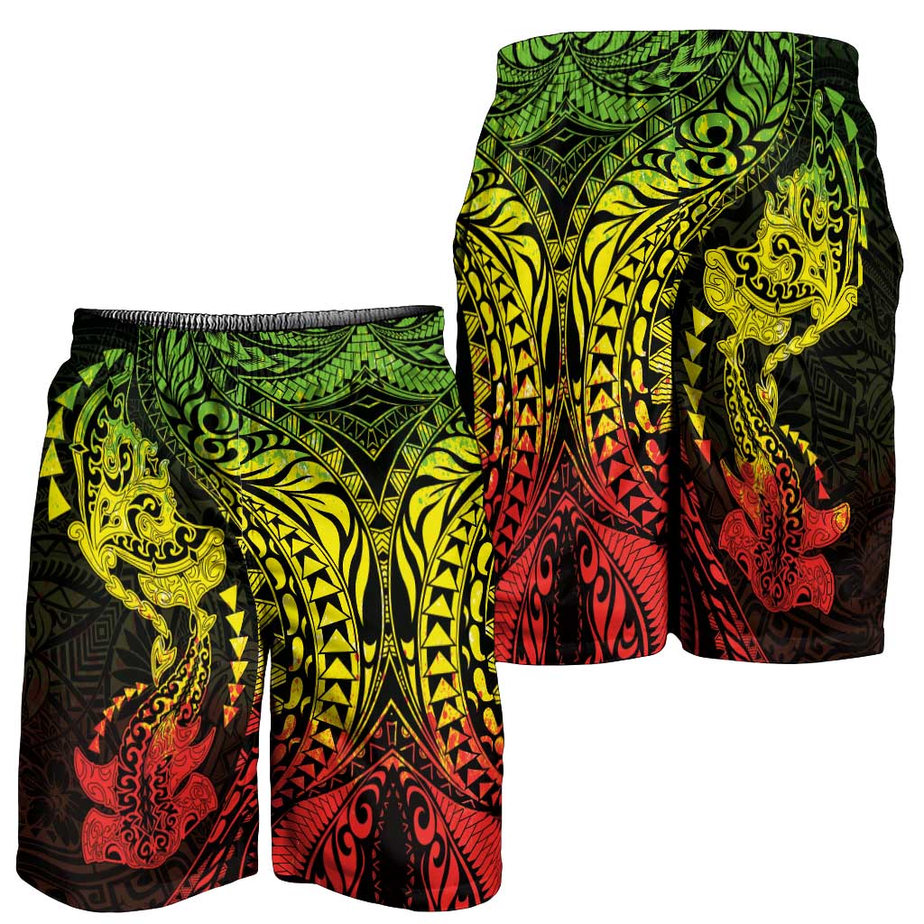 Hawaiian Manta Ray and Hammerhead Shark Tribal Tattoo Shorts for Men with Polynesian Tribal Pattern Reggae Style LT03 - Polynesian Pride