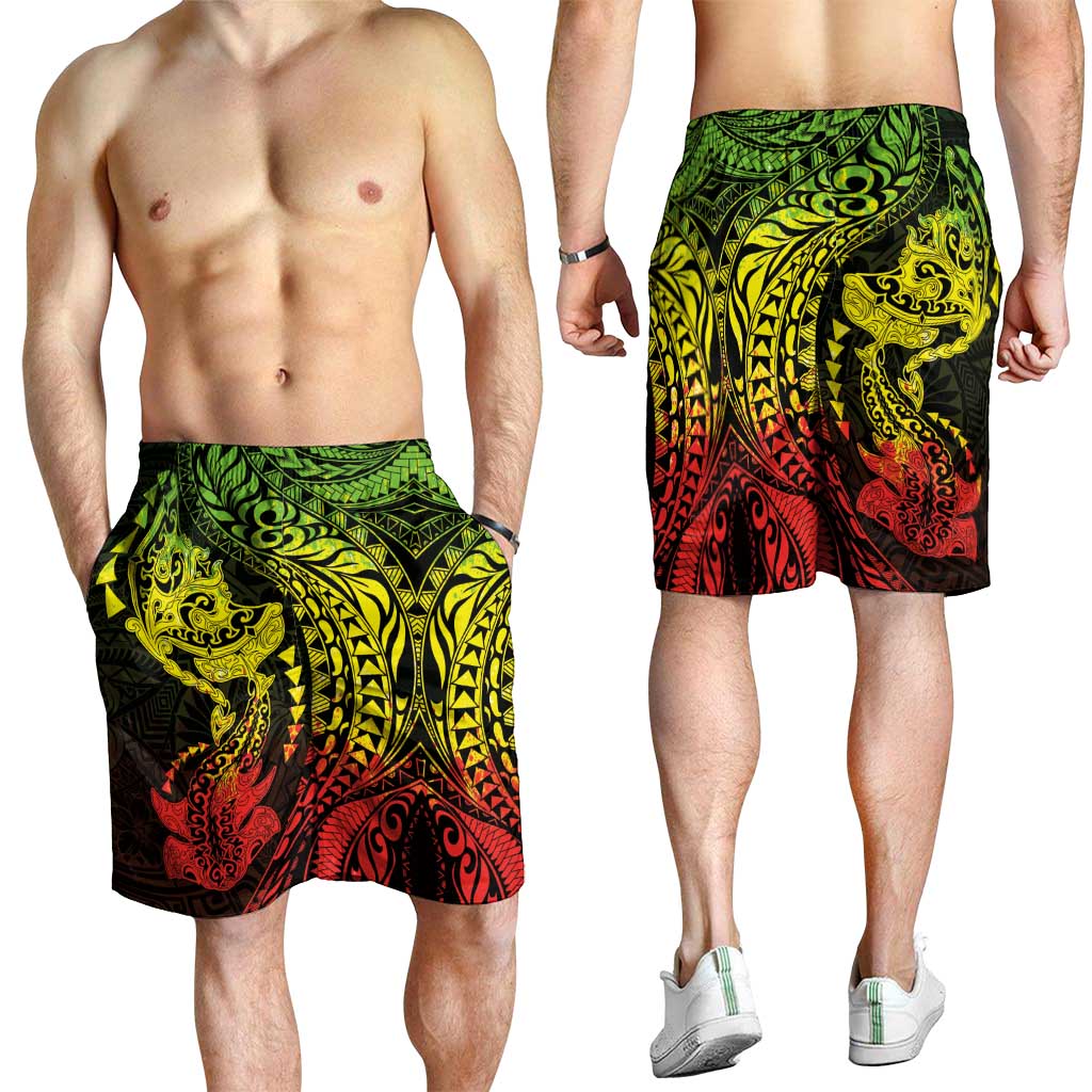 Hawaiian Manta Ray and Hammerhead Shark Tribal Tattoo Shorts for Men with Polynesian Tribal Pattern Reggae Style LT03 - Polynesian Pride