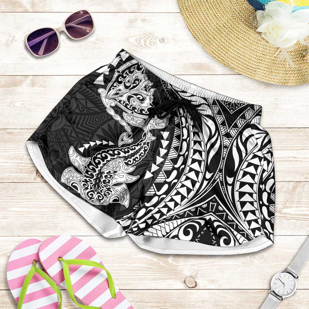 Hawaiian Manta Ray and Hammerhead Shark Tribal Tattoo Shorts for Women with Polynesian Tribal Pattern Black-White Color
