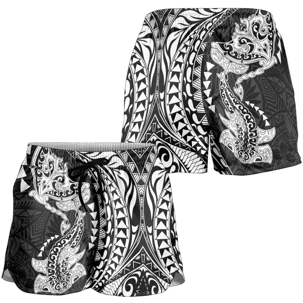 Hawaiian Manta Ray and Hammerhead Shark Tribal Tattoo Shorts for Women with Polynesian Tribal Pattern Black-White Color