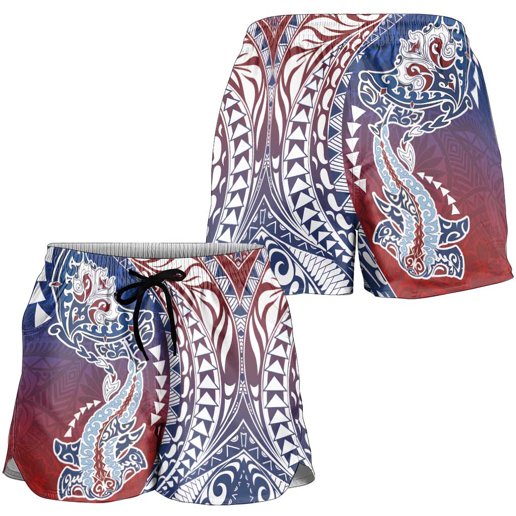 Hawaiian Manta Ray and Hammerhead Shark Tribal Tattoo Shorts for Women with Polynesian Tribal Pattern Hawaii Flag Color
