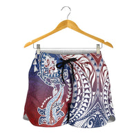 Hawaiian Manta Ray and Hammerhead Shark Tribal Tattoo Shorts for Women with Polynesian Tribal Pattern Hawaii Flag Color